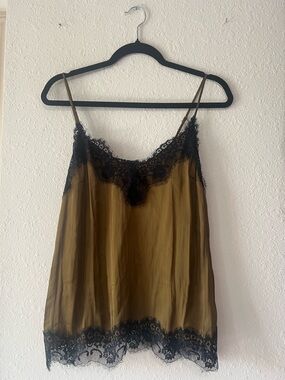 H&M Olive Green Satin Cami with Black Lace